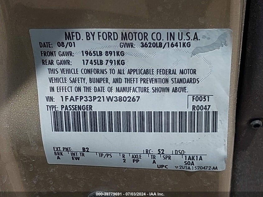 2001 Ford Focus Lx VIN: 1FAFP33P21W380267 Lot: 39779691