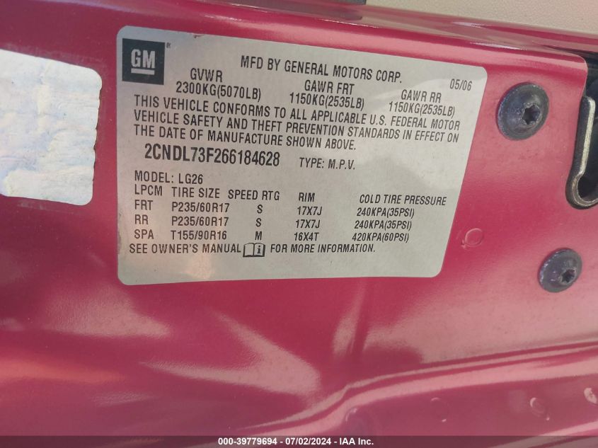 2006 Chevrolet Equinox Lt VIN: 2CNDL73F266184628 Lot: 39779694