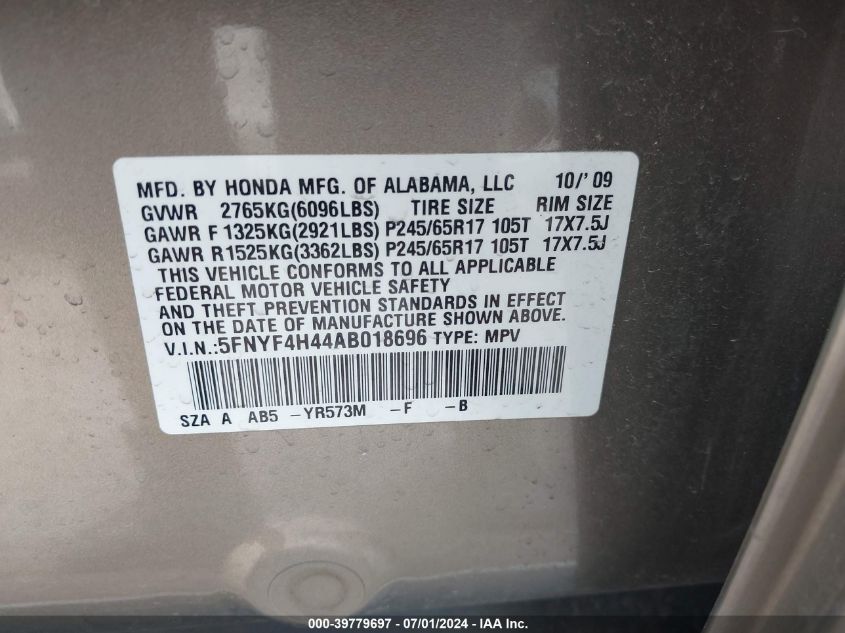 2010 Honda Pilot Ex VIN: 5FNYF4H44AB018696 Lot: 39779697