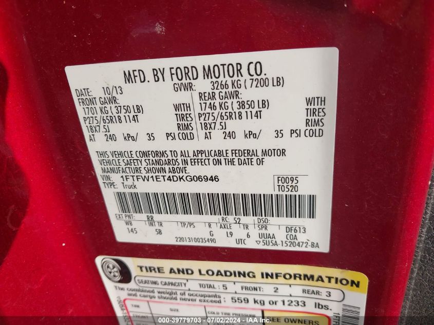 2013 Ford F-150 Supercrew VIN: 1FTFW1ET4DKG06946 Lot: 39779703