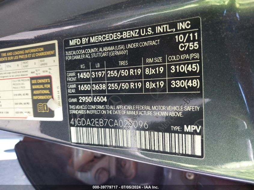 2012 Mercedes-Benz Ml 350 Bluetec VIN: 4JGDA2EB7CA020096 Lot: 39779717