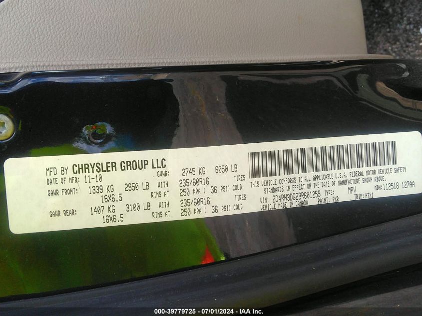 2011 Dodge Grand Caravan Mainstreet VIN: 2D4RN3DG2BR601259 Lot: 39779725