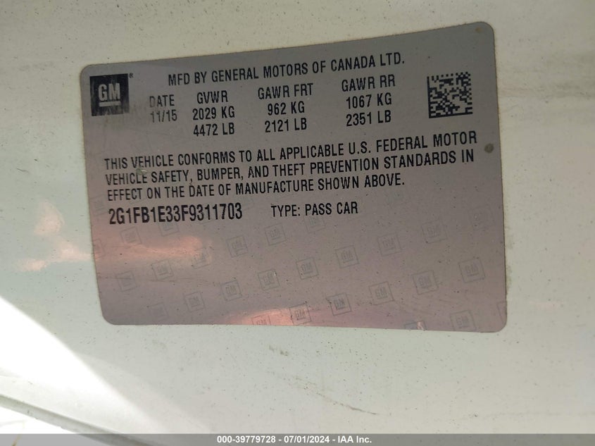 2015 Chevrolet Camaro 2Ls VIN: 2G1FB1E33F9311703 Lot: 39779728