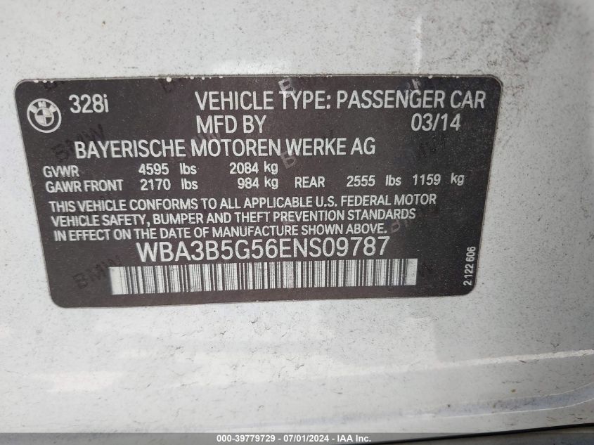 2014 BMW 328I xDrive VIN: WBA3B5G56ENS09787 Lot: 39779729
