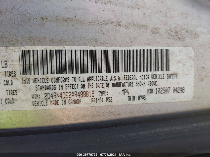 2010 Dodge Grand Caravan Se VIN: 2D4RN4DE2AR488819 Lot: 39779739