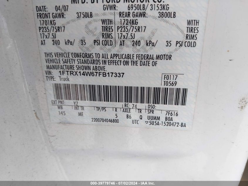 2007 Ford F150 VIN: 1FTRX14W67FB17337 Lot: 39779746