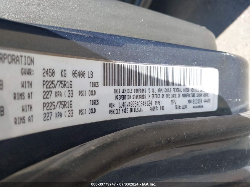 2004 Jeep Grand Cherokee Laredo VIN: 1J4GW48S54C340124 Lot: 39779747