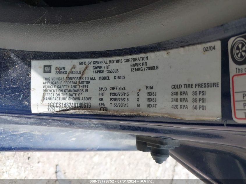 2004 Chevrolet Colorado VIN: 1GCCS148248140619 Lot: 39779752