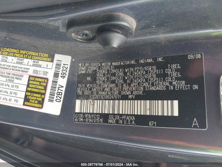 2009 Toyota Sienna Le VIN: 5TDZK23C59S247611 Lot: 39779766