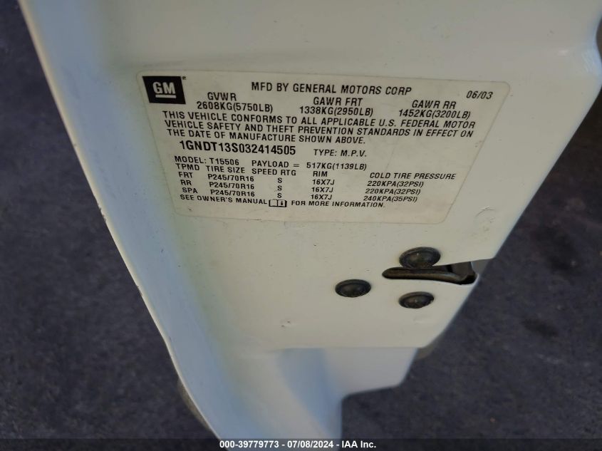 2003 Chevrolet Trailblazer Ls VIN: 1GNDT13S032414505 Lot: 39779773