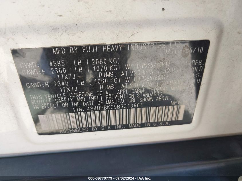 2011 Subaru Outback 2.5I Limited VIN: 4S4BRBKC9B3313661 Lot: 39779779