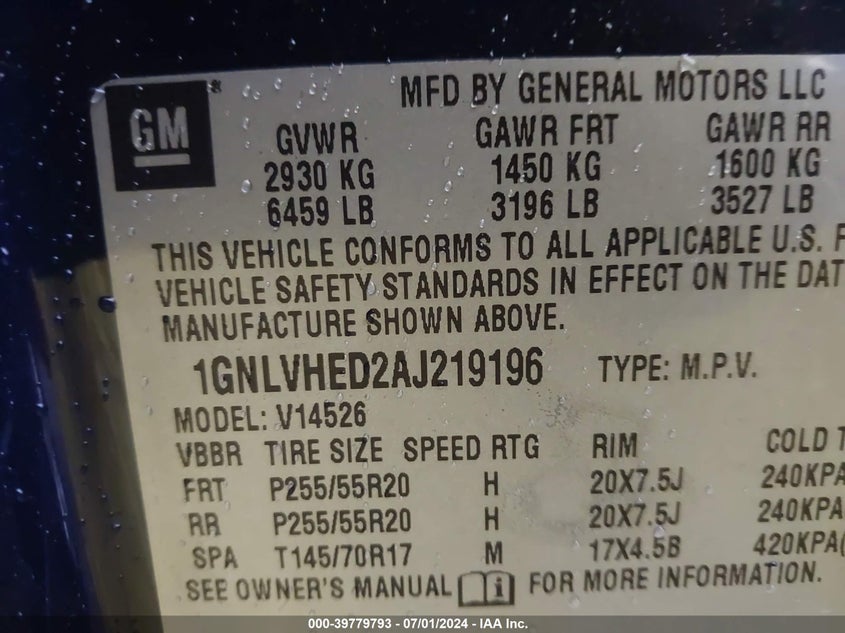 2010 Chevrolet Traverse Ltz VIN: 1GNLVHED2AJ219196 Lot: 39779793