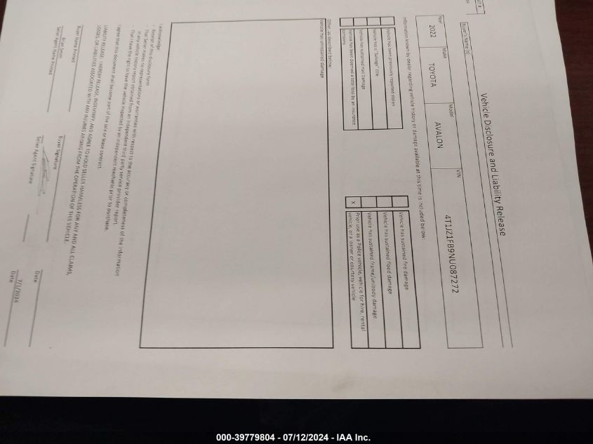 2022 Toyota Avalon Xle VIN: 4T1JZ1FB9NU087272 Lot: 39779804