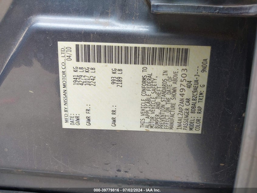 2010 Nissan Altima 2.5 S VIN: 1N4AL2AP2AN497503 Lot: 39779816