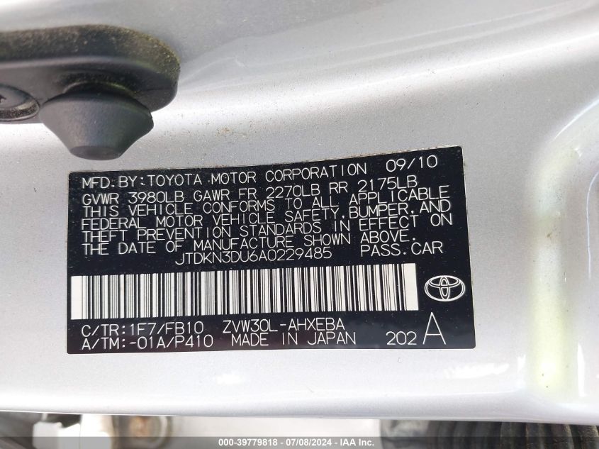 2010 Toyota Prius Iii VIN: JTDKN3DU6A0229485 Lot: 39779818