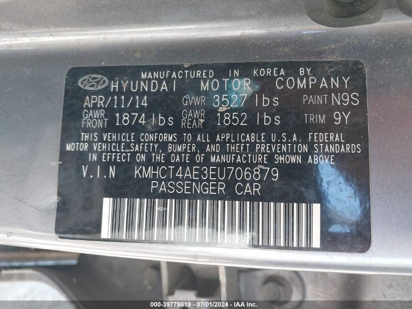 2014 Hyundai Accent Gls VIN: KMHCT4AE3EU706879 Lot: 39779819