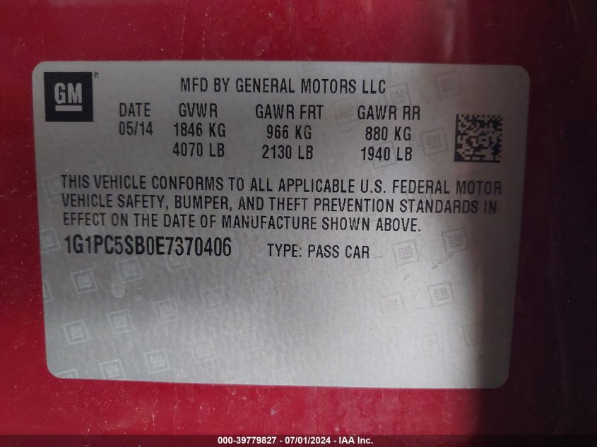 2014 Chevrolet Cruze 1Lt Auto VIN: 1G1PC5SB0E7370406 Lot: 39779827