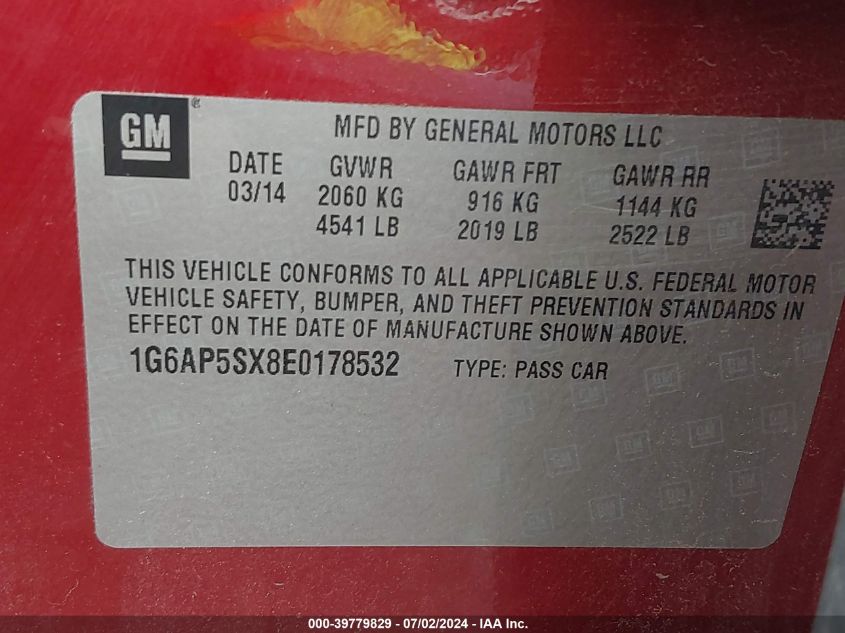 2014 Cadillac Cts Standard VIN: 1G6AP5SX8E0178532 Lot: 39779829