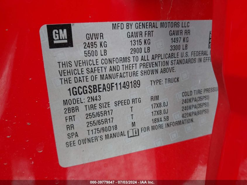 2015 Chevrolet Colorado Lt VIN: 1GCGSBEA9F1149189 Lot: 39779847