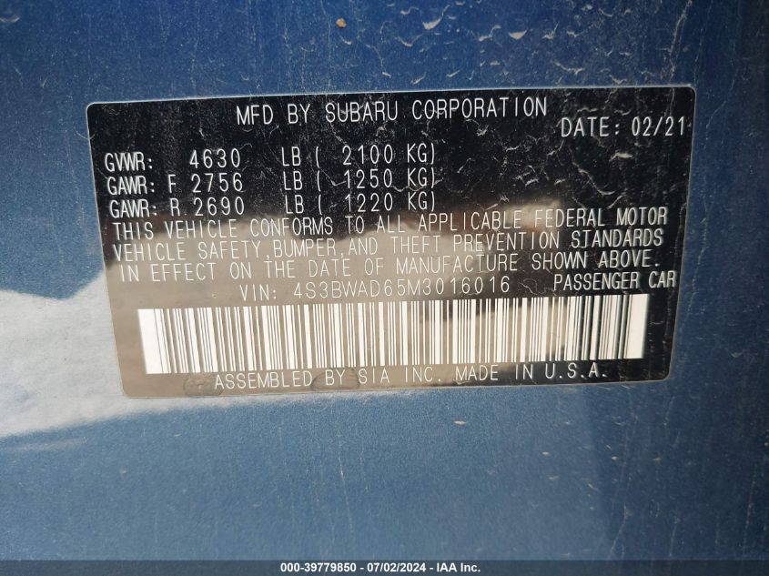2021 Subaru Legacy Premium VIN: 4S3BWAD65M3016016 Lot: 39779850
