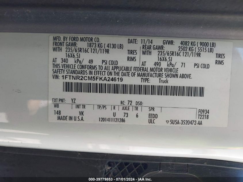 2015 Ford Transit-250 VIN: 1FTNR2CM5FKA24619 Lot: 39779853