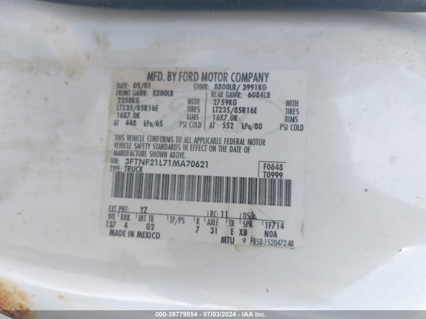 2001 Ford F-250 Xl/Xlt VIN: 3FTNF21L71MA70621 Lot: 39779854