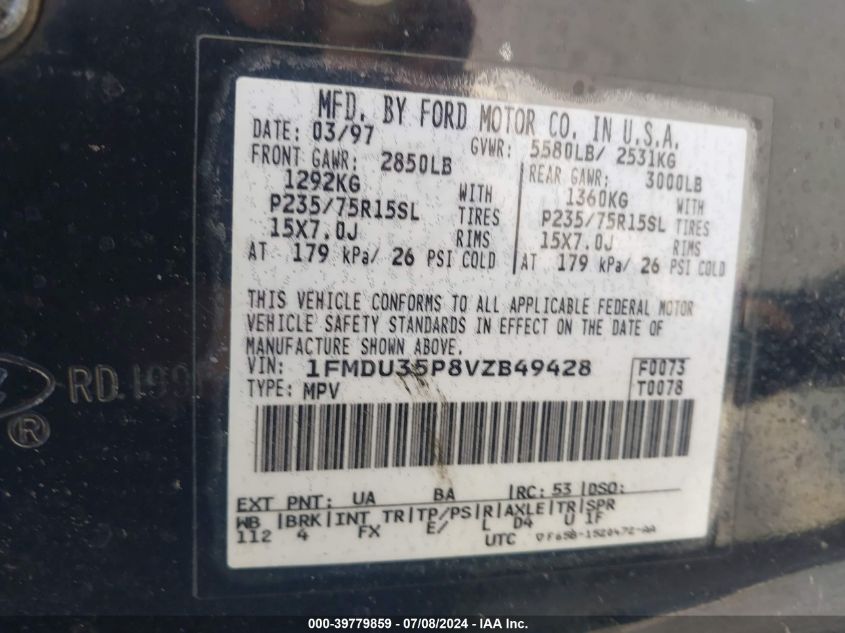 1997 Ford Explorer VIN: 01FMDU35P8VZB9428 Lot: 39779859