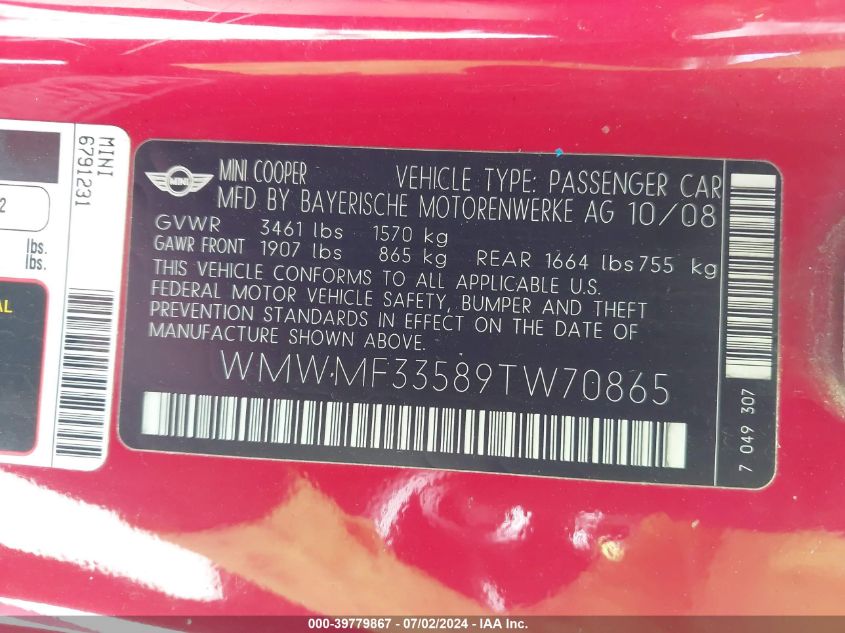 2009 Mini Cooper VIN: WMWMF33589TW70865 Lot: 39779867