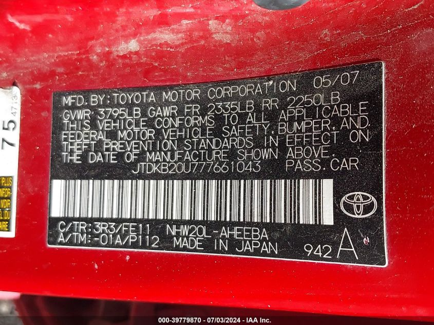 2007 Toyota Prius VIN: JTDKB20U777661043 Lot: 39779870
