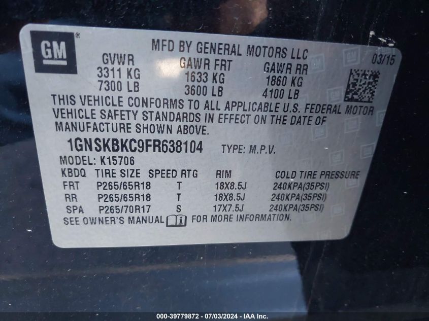 2015 Chevrolet Tahoe Lt VIN: 1GNSKBKC9FR638104 Lot: 39779872