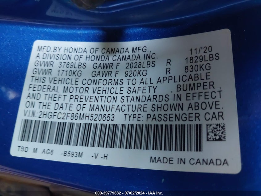 2021 HONDA CIVIC 2.0L I-4 DOHC, VVT, (VIN: 2HGFC2F86MH520653