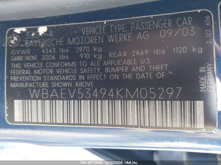 2004 BMW 330I VIN: WBAEV53494KM05297 Lot: 39779885