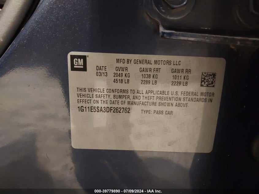 2013 Chevrolet Malibu 2Lt VIN: 1G11E5SA3DF262762 Lot: 39779890