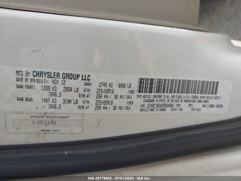 2013 Chrysler Town & Country Touring VIN: 2C4RC1BG4DR584980 Lot: 39779903