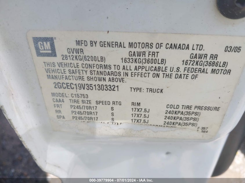 2005 Chevrolet Silverado 1500 Work Truck VIN: 2GCEC19V351303321 Lot: 39779904