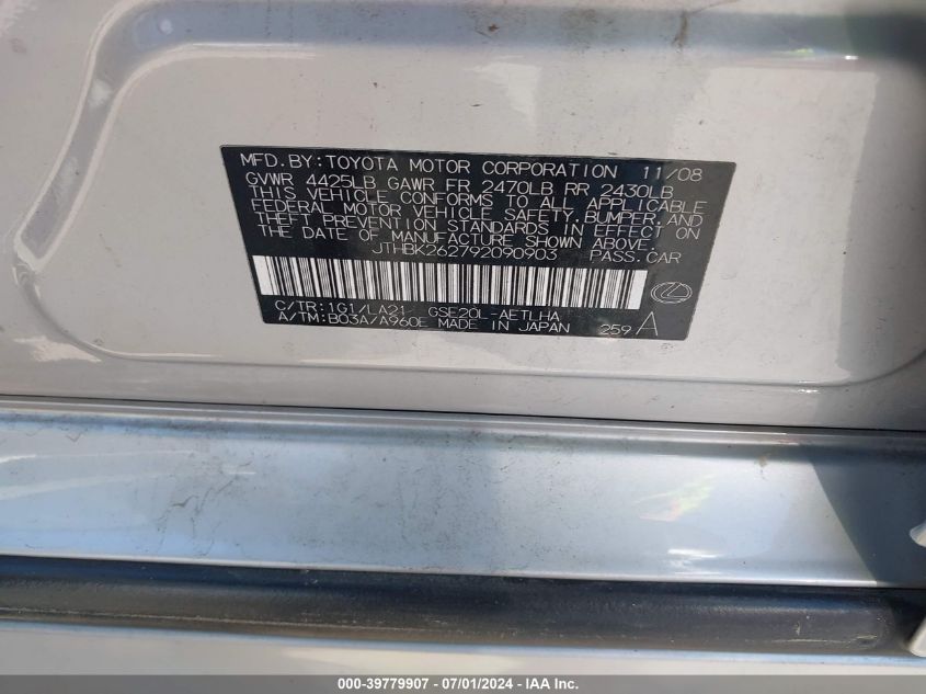 2009 Lexus Is 250 VIN: JTHBK262792090903 Lot: 39779907