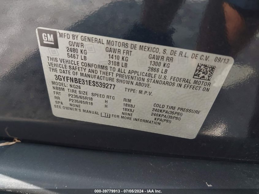 2014 Cadillac Srx Luxury Collection VIN: 3GYFNBE31ES539277 Lot: 39779913