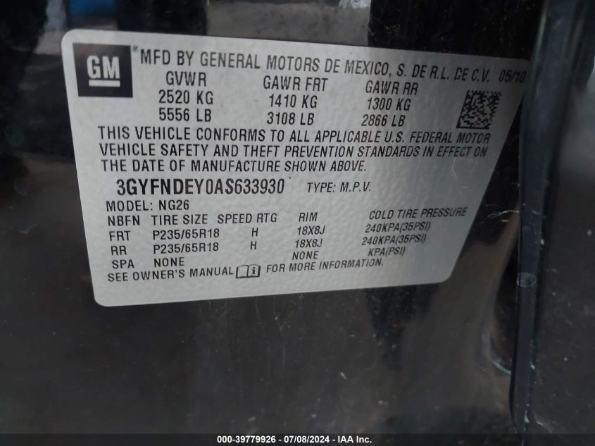 2010 Cadillac Srx Luxury Collection VIN: 3GYFNDEY0AS633930 Lot: 39779926