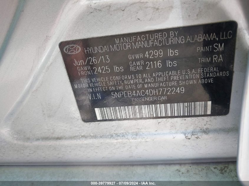 2013 Hyundai Sonata Gls VIN: 5NPEB4AC4DH772249 Lot: 39779927