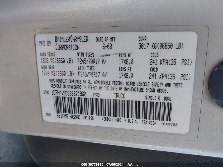 2003 Dodge Ram 1500 Slt/Laramie/St VIN: 1D7HA18D93S371962 Lot: 39779930