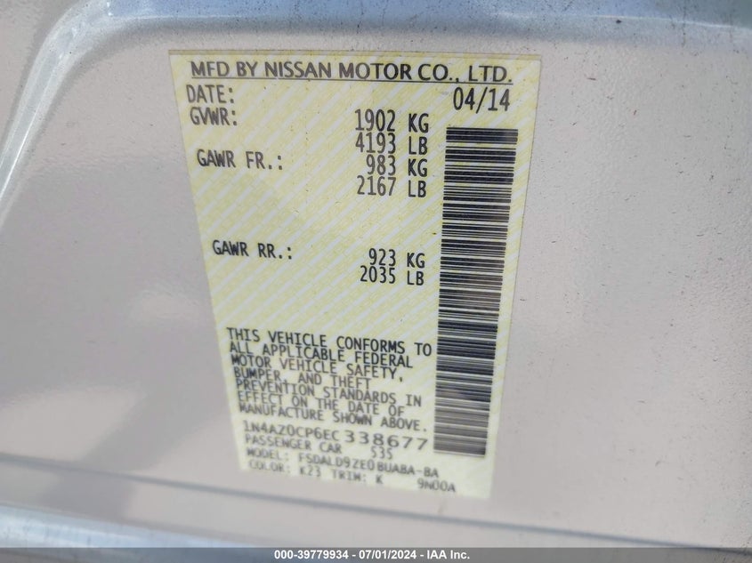 2014 Nissan Leaf Sv VIN: 1N4AZ0CP6EC338677 Lot: 39779934