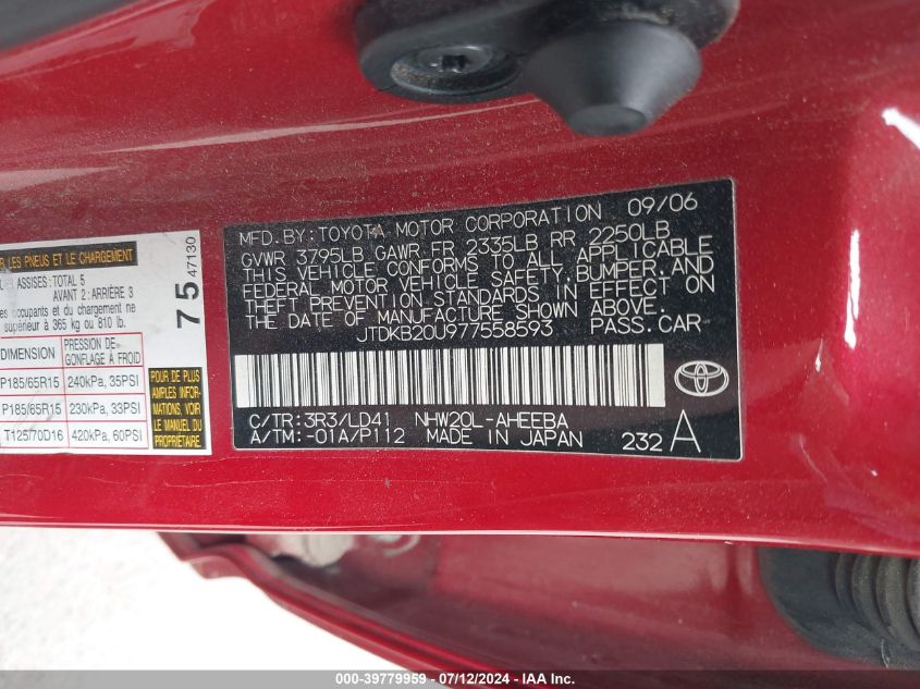 2007 Toyota Prius VIN: JTDKB20U977558593 Lot: 39779959