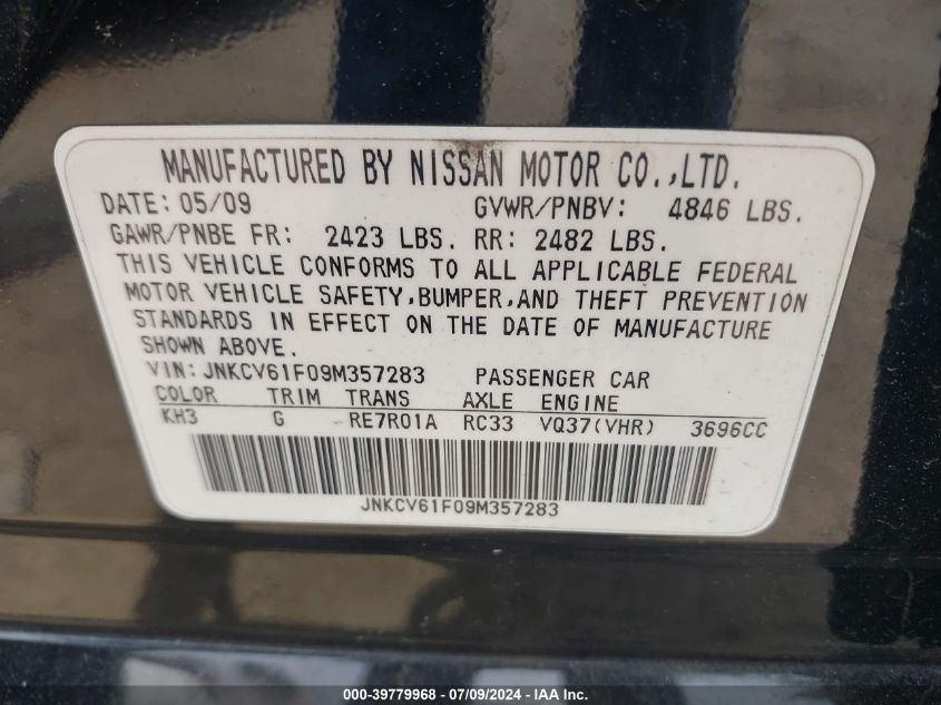 2009 Infiniti G37X VIN: JNKCV61F09M357283 Lot: 39779968
