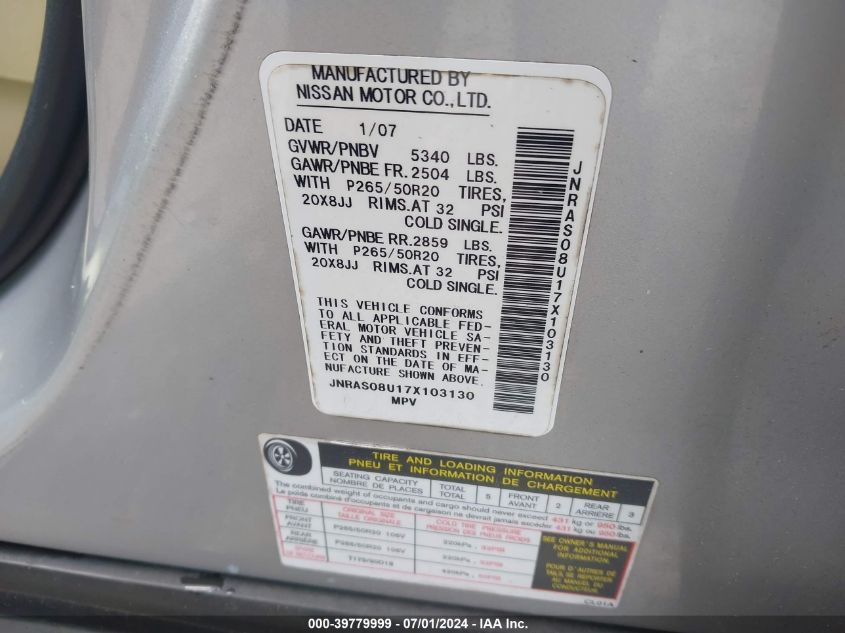 2007 Infiniti Fx35 VIN: JNRAS08U17X103130 Lot: 39779999