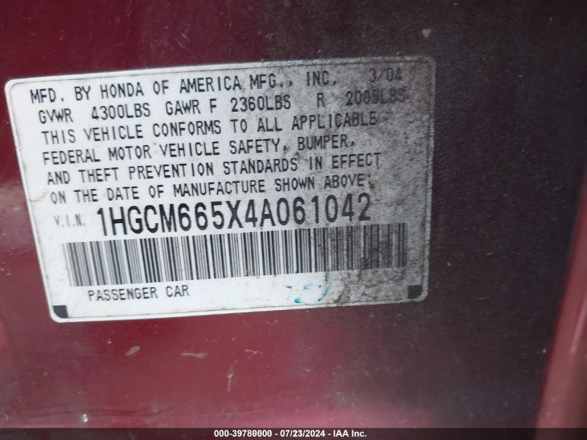 2004 Honda Accord 3.0 Ex VIN: 1HGCM665X4A061042 Lot: 39780000