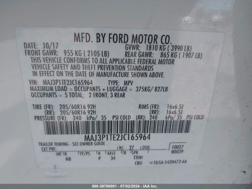 2018 Ford Ecosport Se VIN: MAJ3P1TE2JC165964 Lot: 39780001