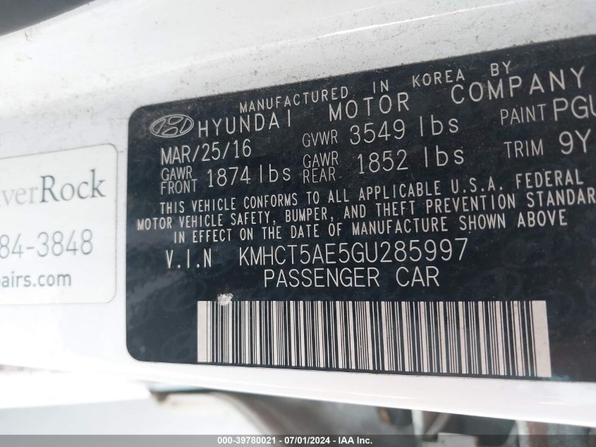 2016 Hyundai Accent Se VIN: KMHCT5AE5GU285997 Lot: 39780021