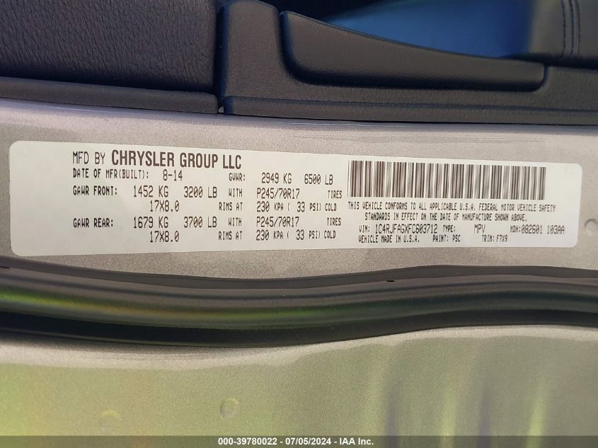 2015 Jeep Grand Cherokee Laredo VIN: 1C4RJFAGXFC603712 Lot: 39780022