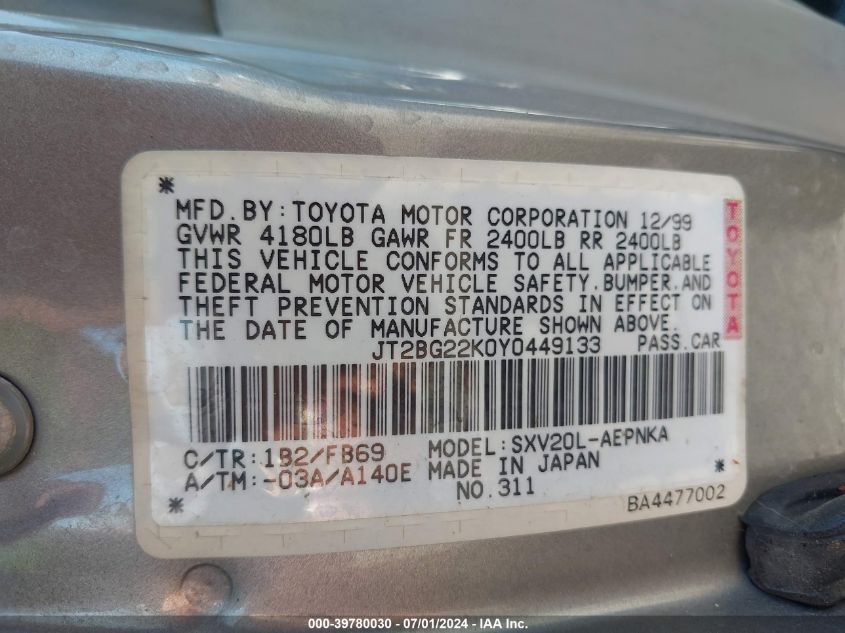 2000 Toyota Camry Le VIN: JT2BG22K0Y0449133 Lot: 39780030