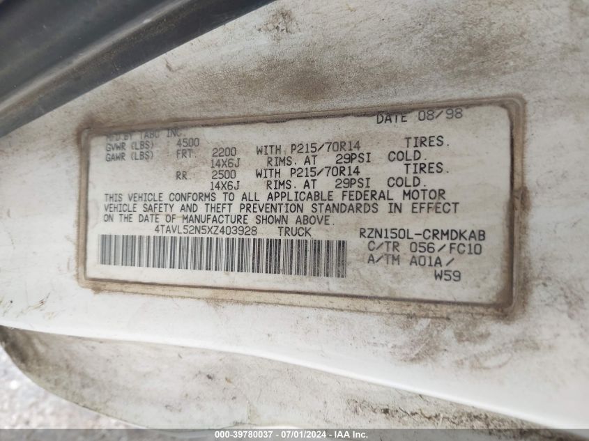 1999 Toyota Tacoma VIN: 4TAVL52N5XZ403928 Lot: 39780037